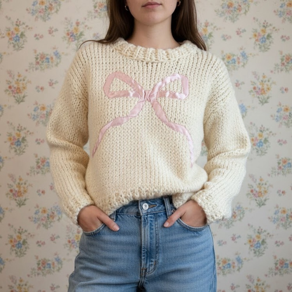 ✨️Cream With Pink Bow Cottagecore Sweater🎀